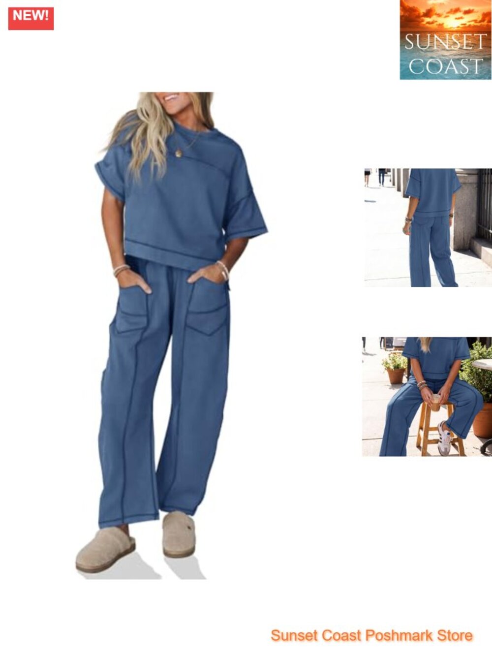 2 Piece Lounge Set Short Sleeve Top Wide Leg Pants Casual Travel